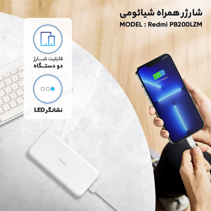 پاوربانک شیائومی اورجینال Redme PB200LZM  ظرفیت ۲۰هزار+کابل Type c یک متری فست شارژ هدیه+6 ماه گارانتی شرکتی
